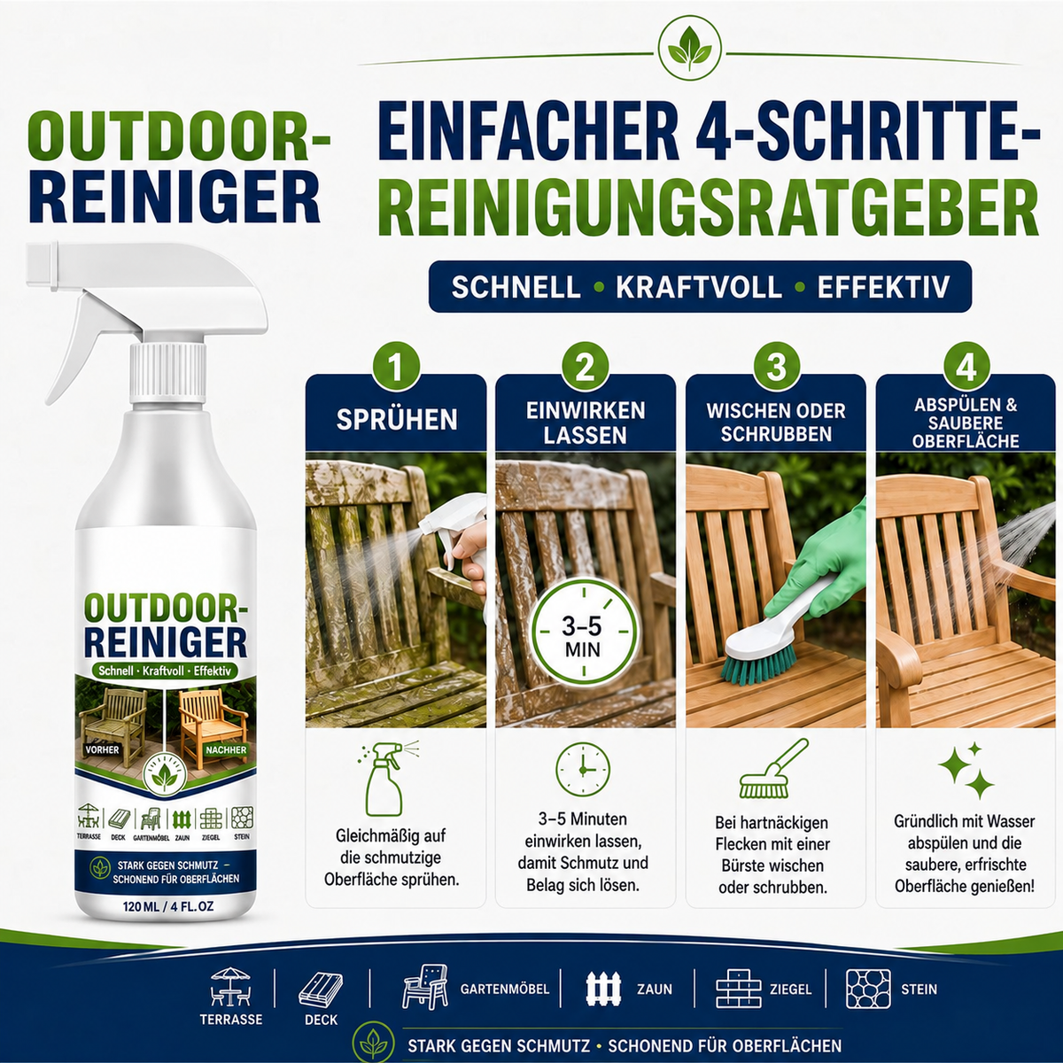 🌿 50% SPAREN | Gegen Grünbelag, Schimmel & schwarze Flecken – Kraftvoller Outdoor-Reiniger für hartnäckigen Schmutz