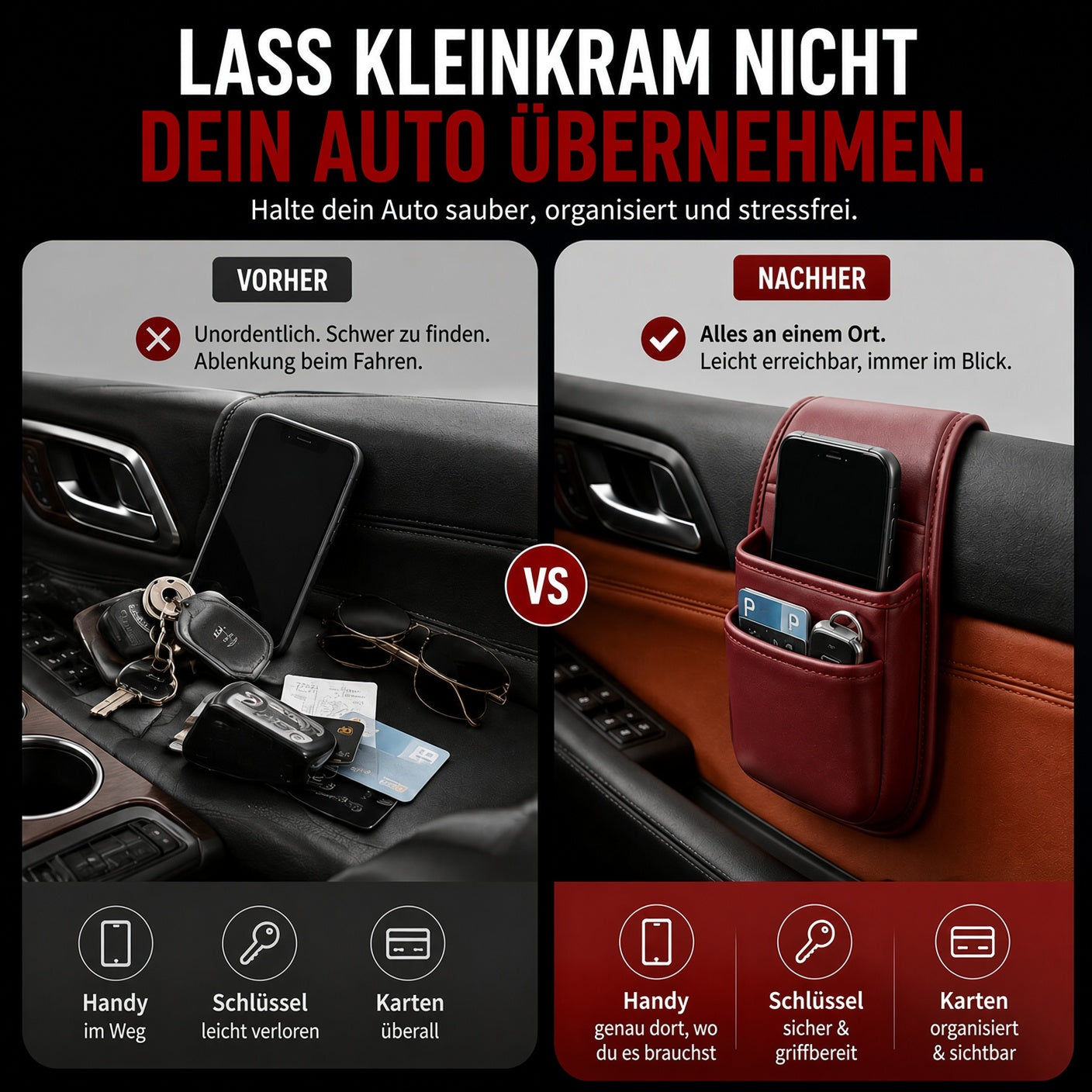 📱 Selbstklebende Auto-Aufbewahrungstasche – für Handy, Schlüssel, Karten & Trinkflasche 🔑💳🥤