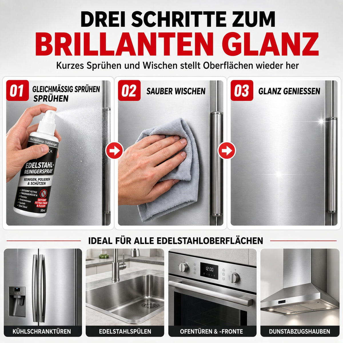 ✨ 50 % Rabatt | Edelstahl-Reinigungs- & Polierspray für Kühlschrank, Dunstabzugshaube, Backofen und weitere Küchengeräte