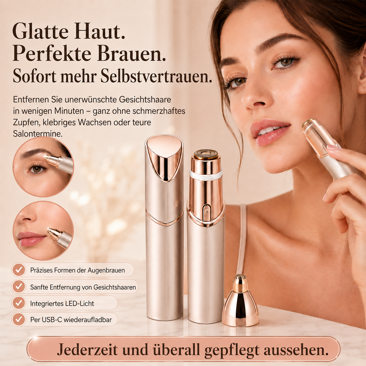 ✨ 2-in-1 Gesichts- & Augenbrauen-Trimmer | Sanfte, Präzise & Kabellose Haarentfernung