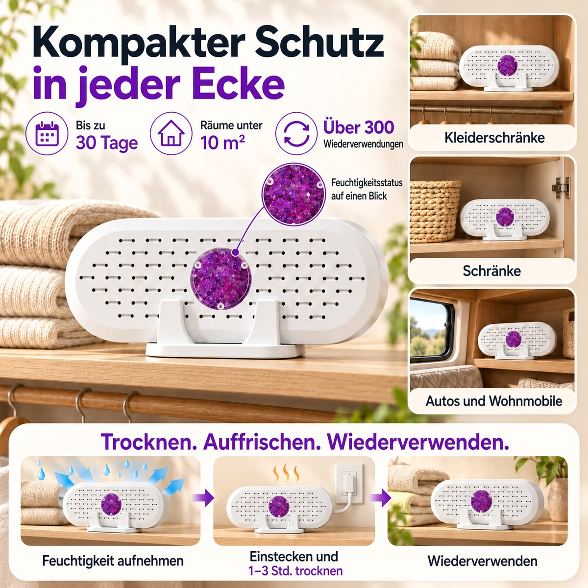 🔥 50% Rabatt ⏰ Mini-Wiederverwendbarer Luftentfeuchter – Tragbarer Feuchtigkeitsabsorber für Zuhause, Kleiderschrank & Bad