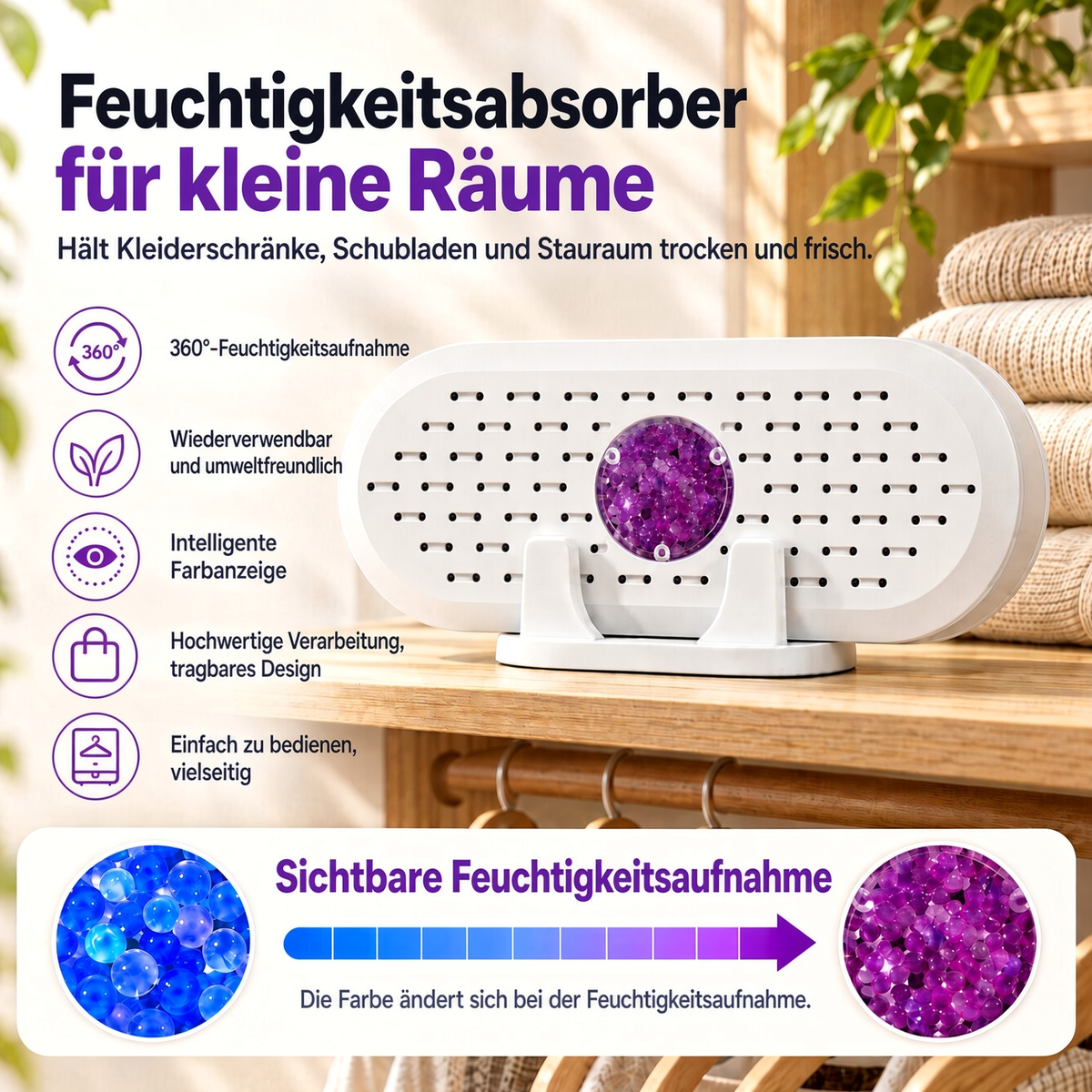 🔥 50% Rabatt ⏰ Mini-Wiederverwendbarer Luftentfeuchter – Tragbarer Feuchtigkeitsabsorber für Zuhause, Kleiderschrank & Bad