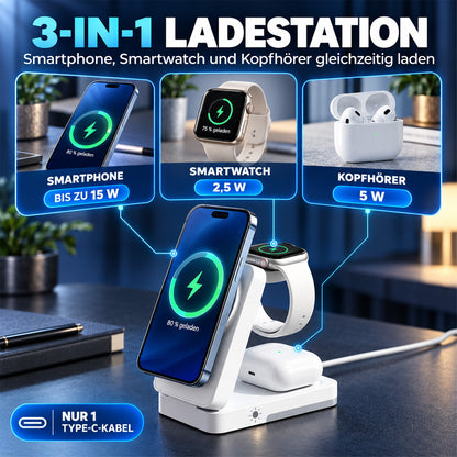 🔥 Nur heute -50% 📱 3-in-1 Faltbare Magnet-Ladestation – ideal für Zuhause, Büro & Reisen
