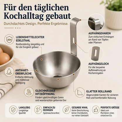 🔥 50 % RABATT! 🍳 Edelstahl-Eierpochierer – Praktischer Pfannen-Einhänger für perfekt runde Eier