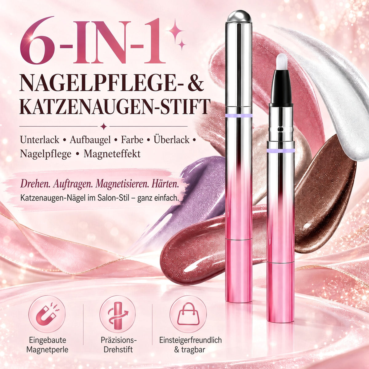 ✨ 50 % Rabatt – 6-in-1 Nagelpflege- & Cat-Eye-Stift – All-in-One Base, Builder, Farbe & Top Coat mit integriertem Magneten
