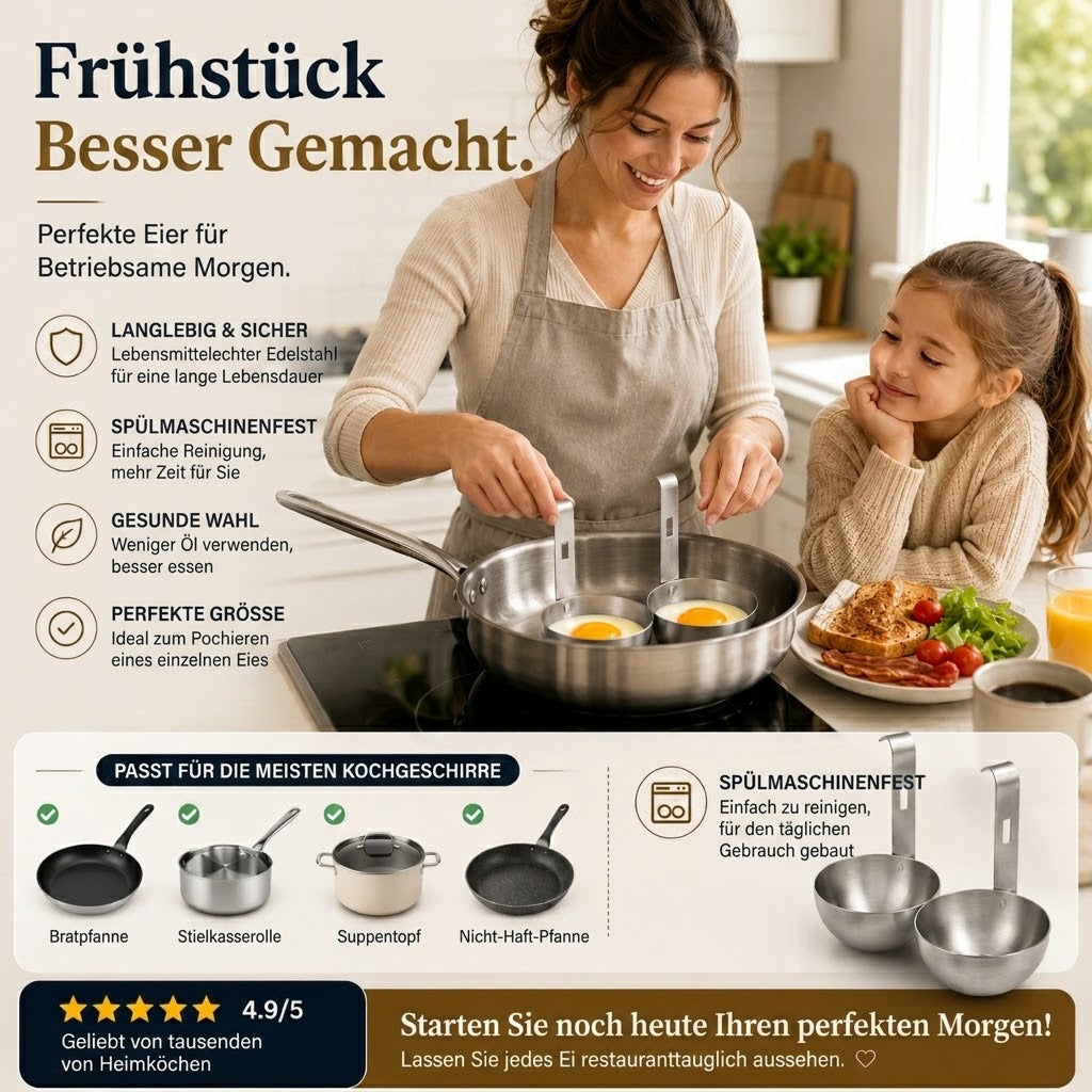 🔥 50 % RABATT! 🍳 Edelstahl-Eierpochierer – Praktischer Pfannen-Einhänger für perfekt runde Eier