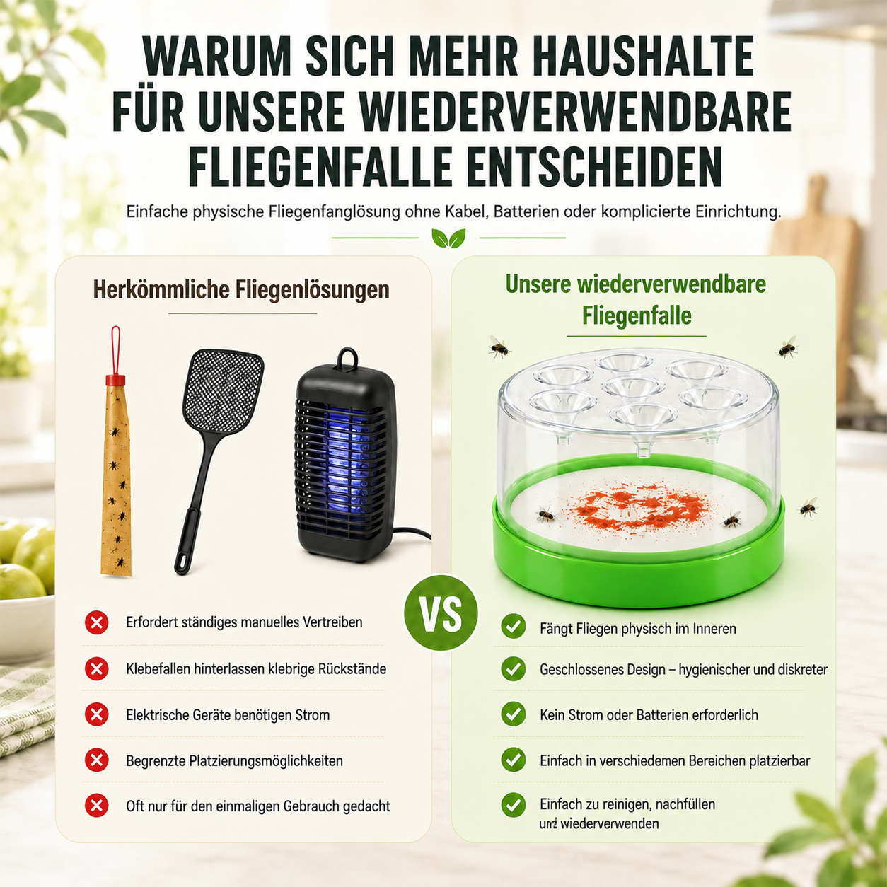 🛡️ Wiederverwendbare Fliegenfalle ohne Strom für den Innen- und Außenbereich – Sicher, kabellos & chemiefrei