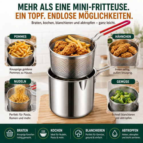🍟 2026 Mini-Fritteuse Set – Kompakter Edelstahl-Topf mit herausnehmbarem Abtropfkorb & Zange für einfaches und sicheres Frittieren