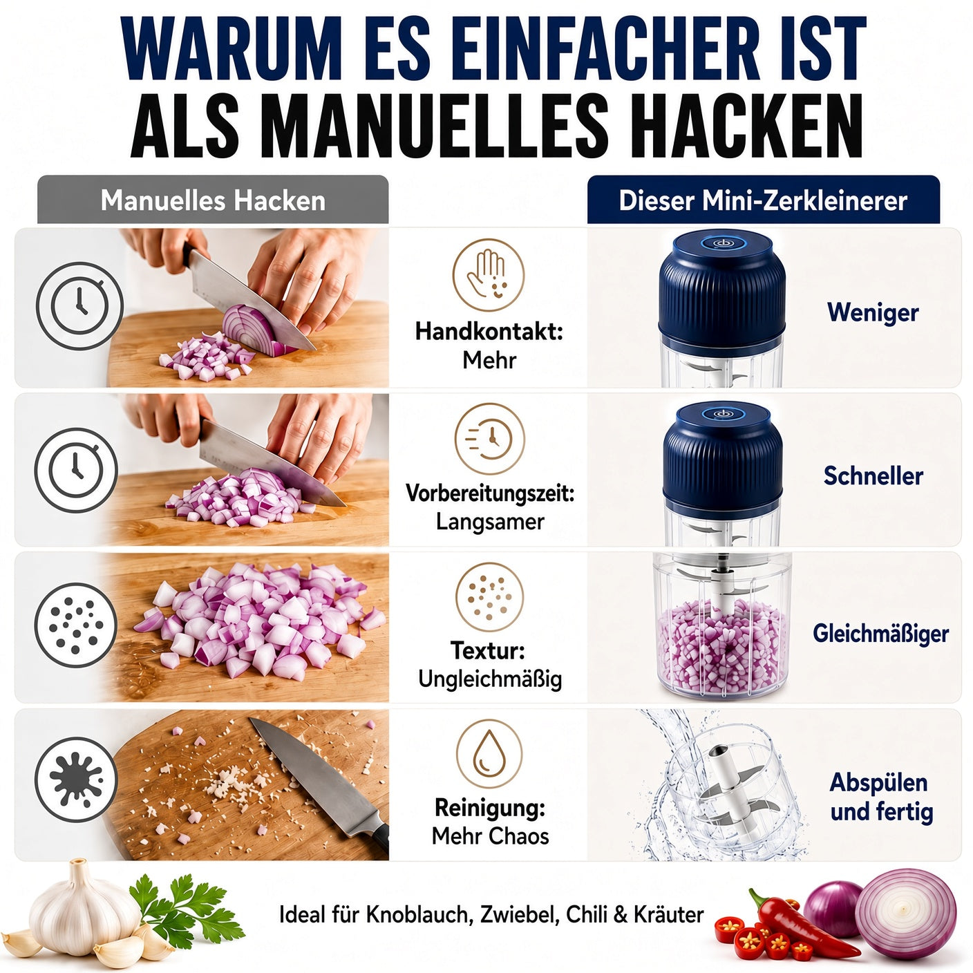 🔥 50 % RABATT! 💥6-Klingen Elektrischer Zerkleinerer｜Für Gemüse, Zwiebeln, Kräuter, Nüsse & Fleisch｜Kabellos, One-Touch & Leicht zu Reinigen