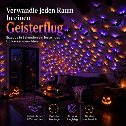🦇 3D-LED-Halloween-Fledermäuse – leuchtende Wanddeko in Lila & Orange