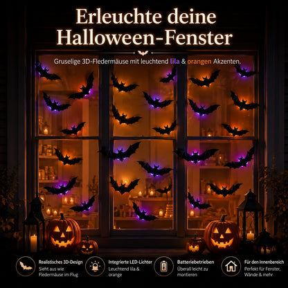 🦇 3D-LED-Halloween-Fledermäuse – leuchtende Wanddeko in Lila & Orange