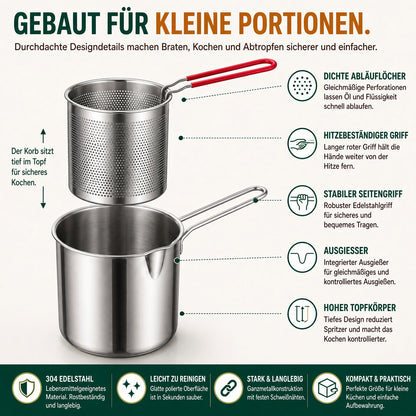 🍟 2026 Mini-Fritteuse Set – Kompakter Edelstahl-Topf mit herausnehmbarem Abtropfkorb & Zange für einfaches und sicheres Frittieren