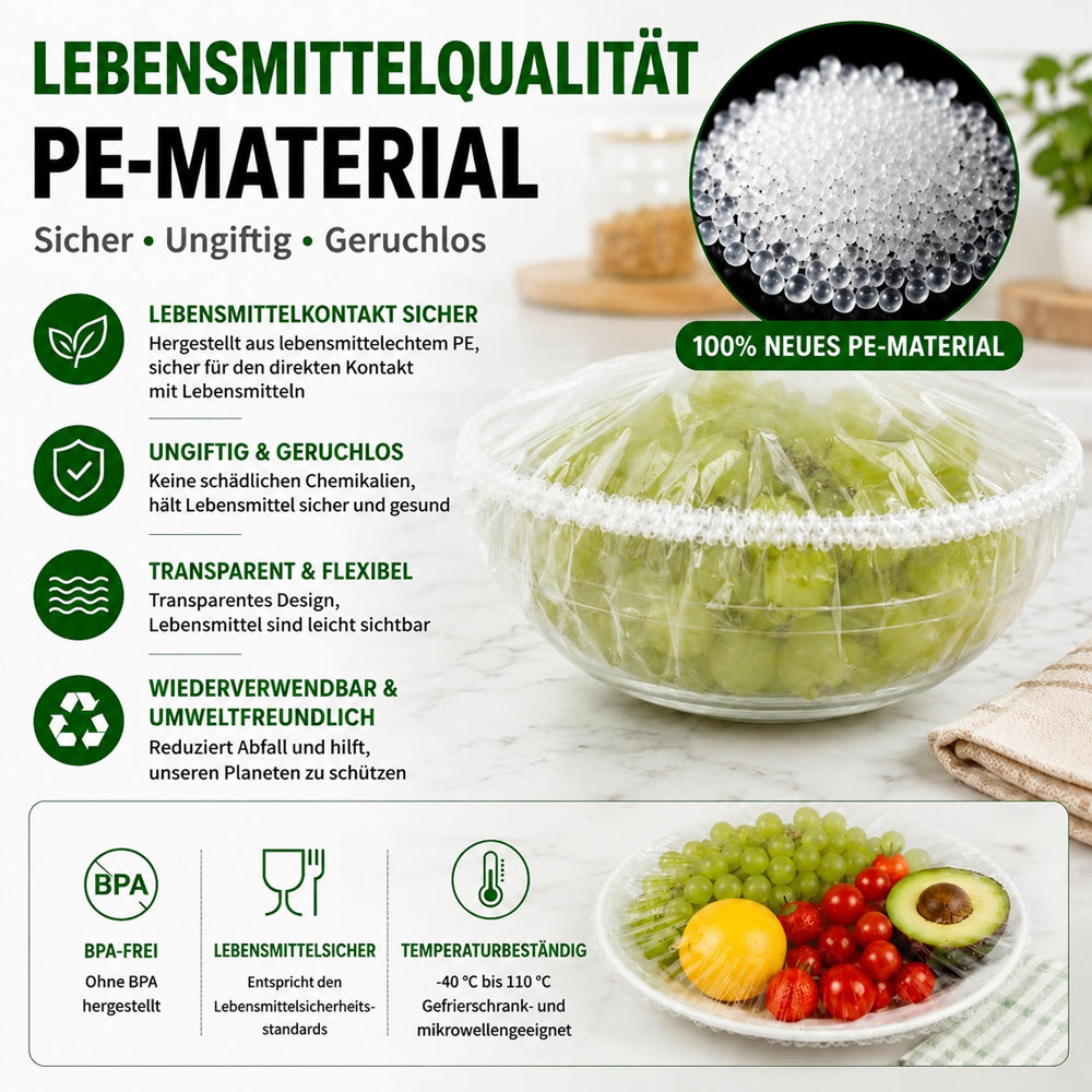 ❄️ 100 Stück Frischhaltehauben, Elastische Abdeckungen für Schüsseln & Teller, Alternative zu Frischhaltefolie, für Lebensmittel & Reste