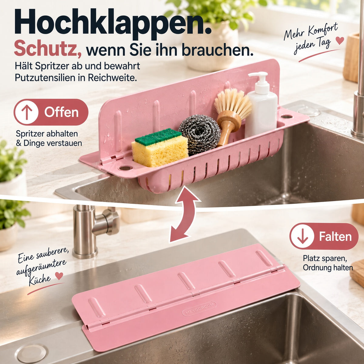 💦 Faltbarer Spülspritzschutz mit Organizer – Hält die Arbeitsfläche trocken & schafft Ordnung rund um die Spüle