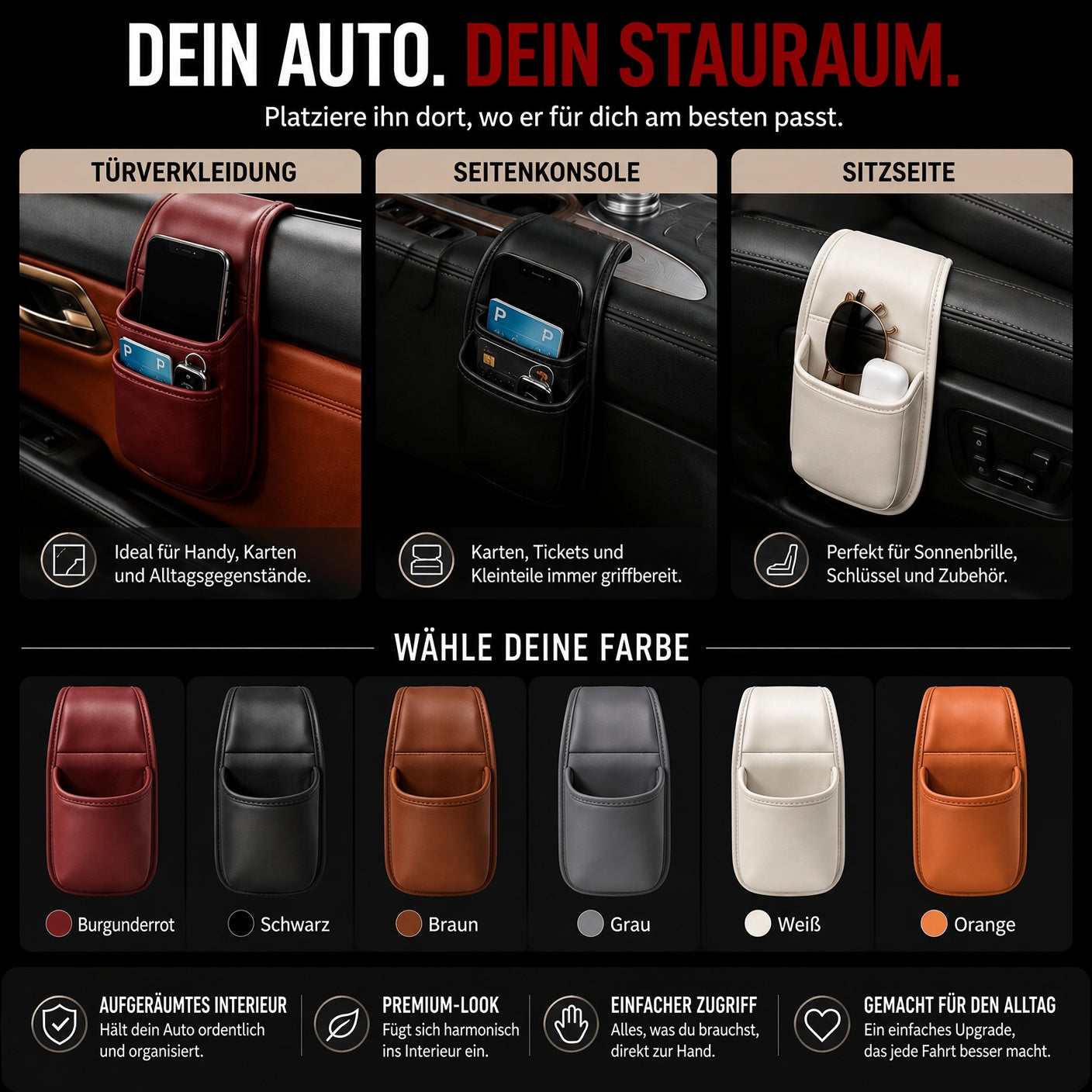 📱 Selbstklebende Auto-Aufbewahrungstasche – für Handy, Schlüssel, Karten & Trinkflasche 🔑💳🥤
