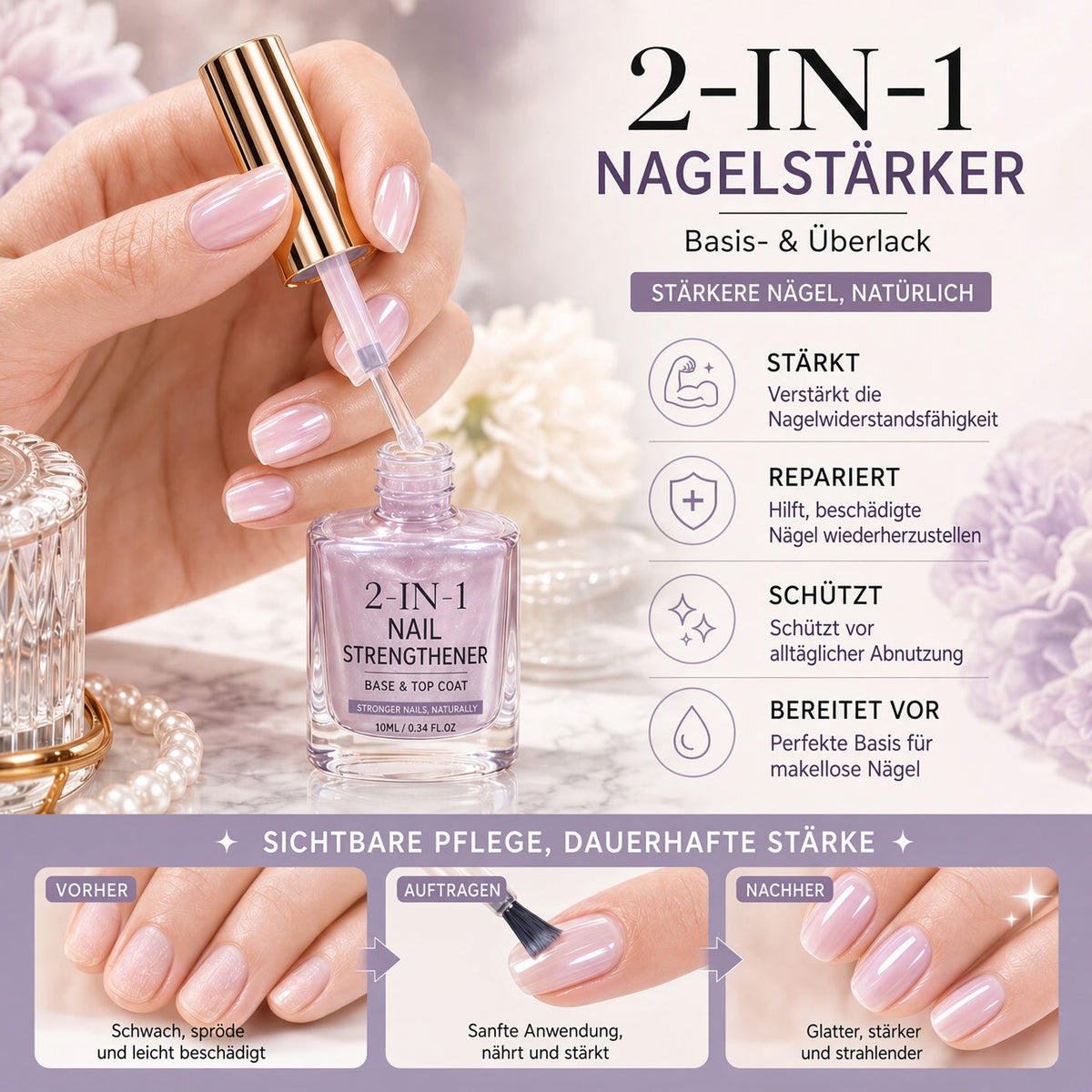 💅 Lila perlglänzender Nagelverstärker | Repariert schwache Nägel für glasartigen natürlichen Glanz upsell