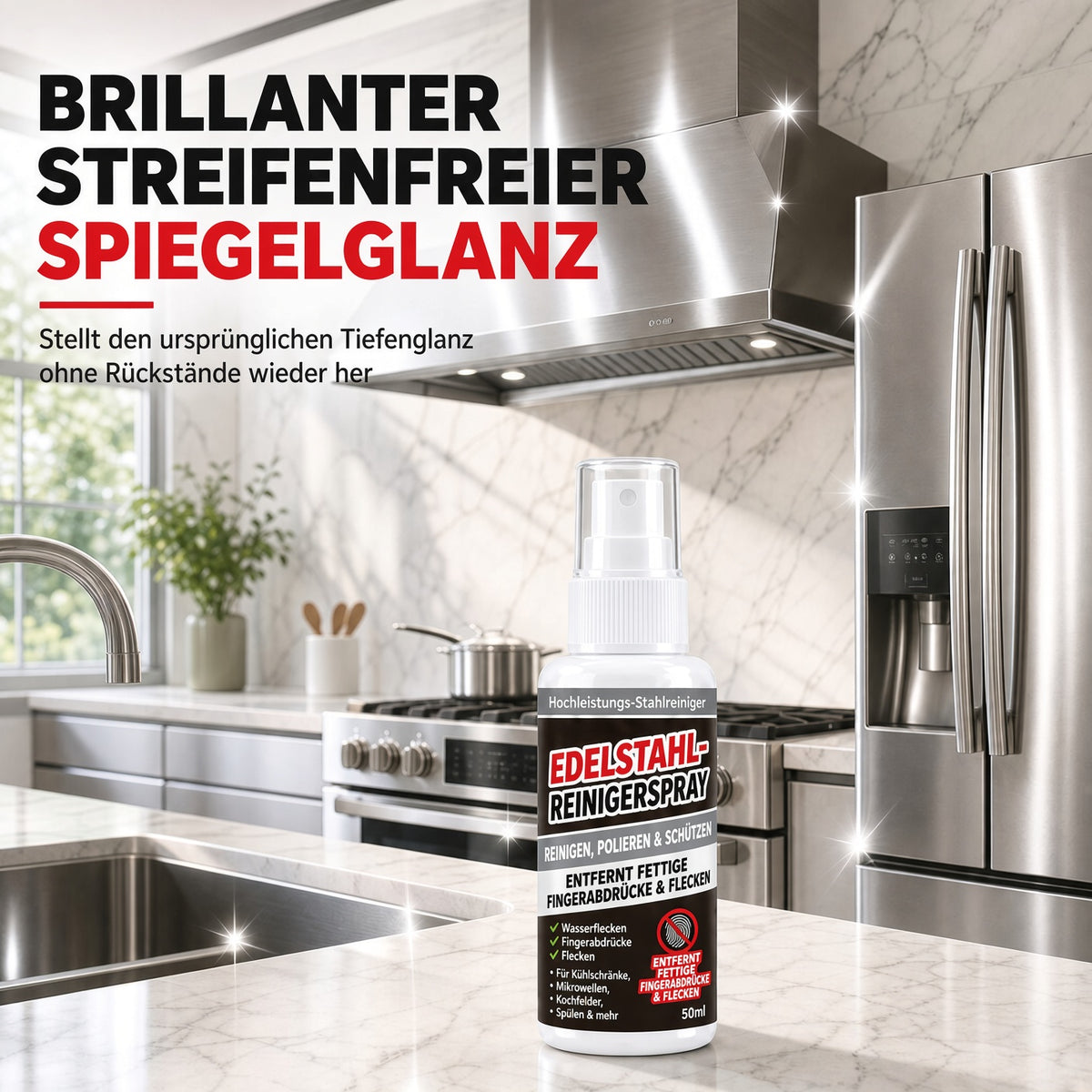 ✨ 50 % Rabatt | Edelstahl-Reinigungs- & Polierspray für Kühlschrank, Dunstabzugshaube, Backofen und weitere Küchengeräte