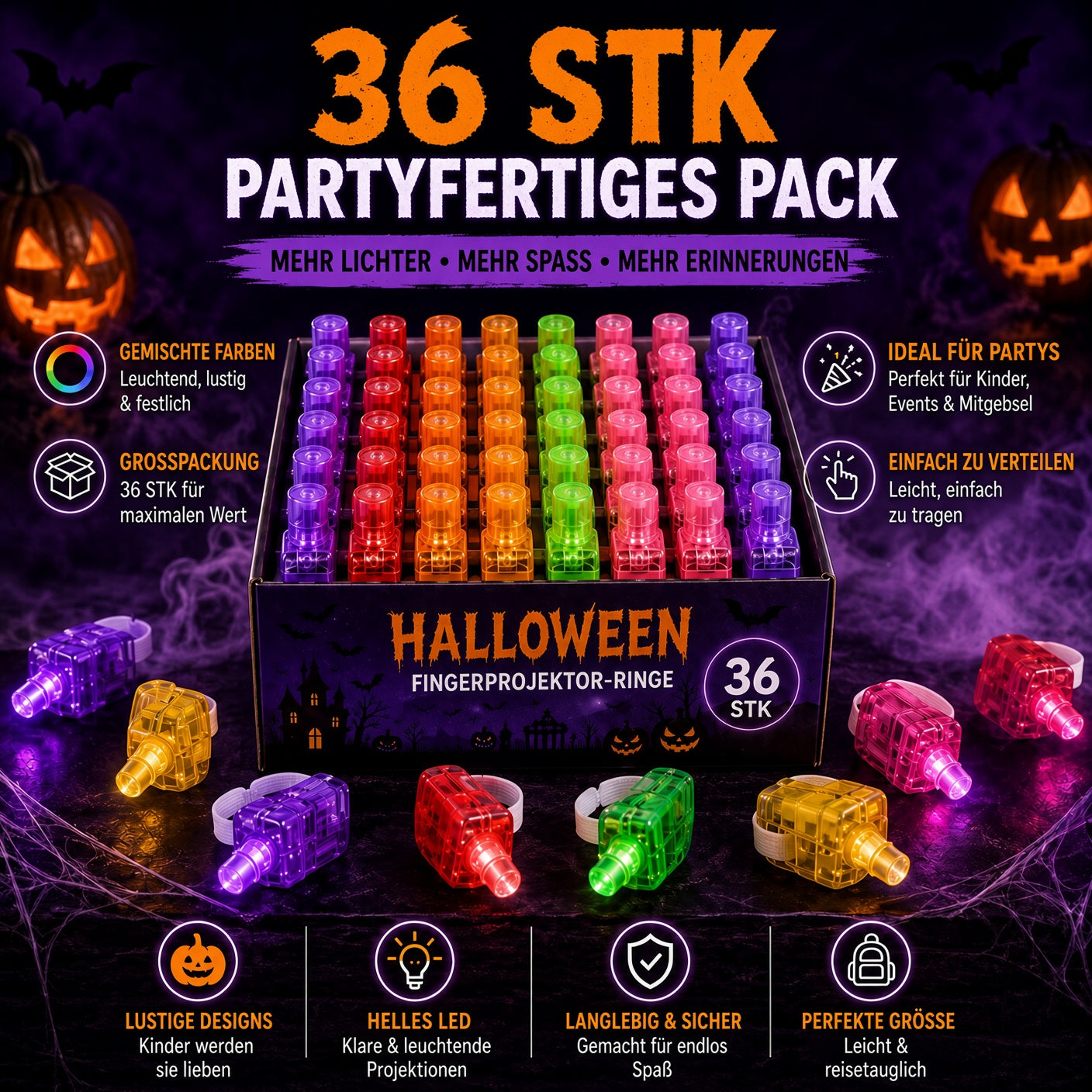 👻🎃 Halloween-Fingerprojektorringe – LED-Partymitgebsel für Kinder
