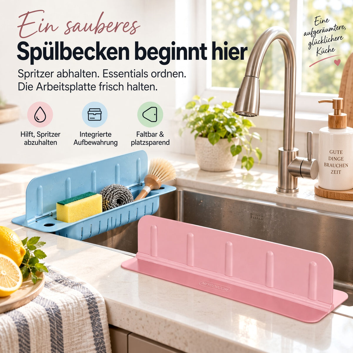 💦 Faltbarer Spülspritzschutz mit Organizer – Hält die Arbeitsfläche trocken & schafft Ordnung rund um die Spüle