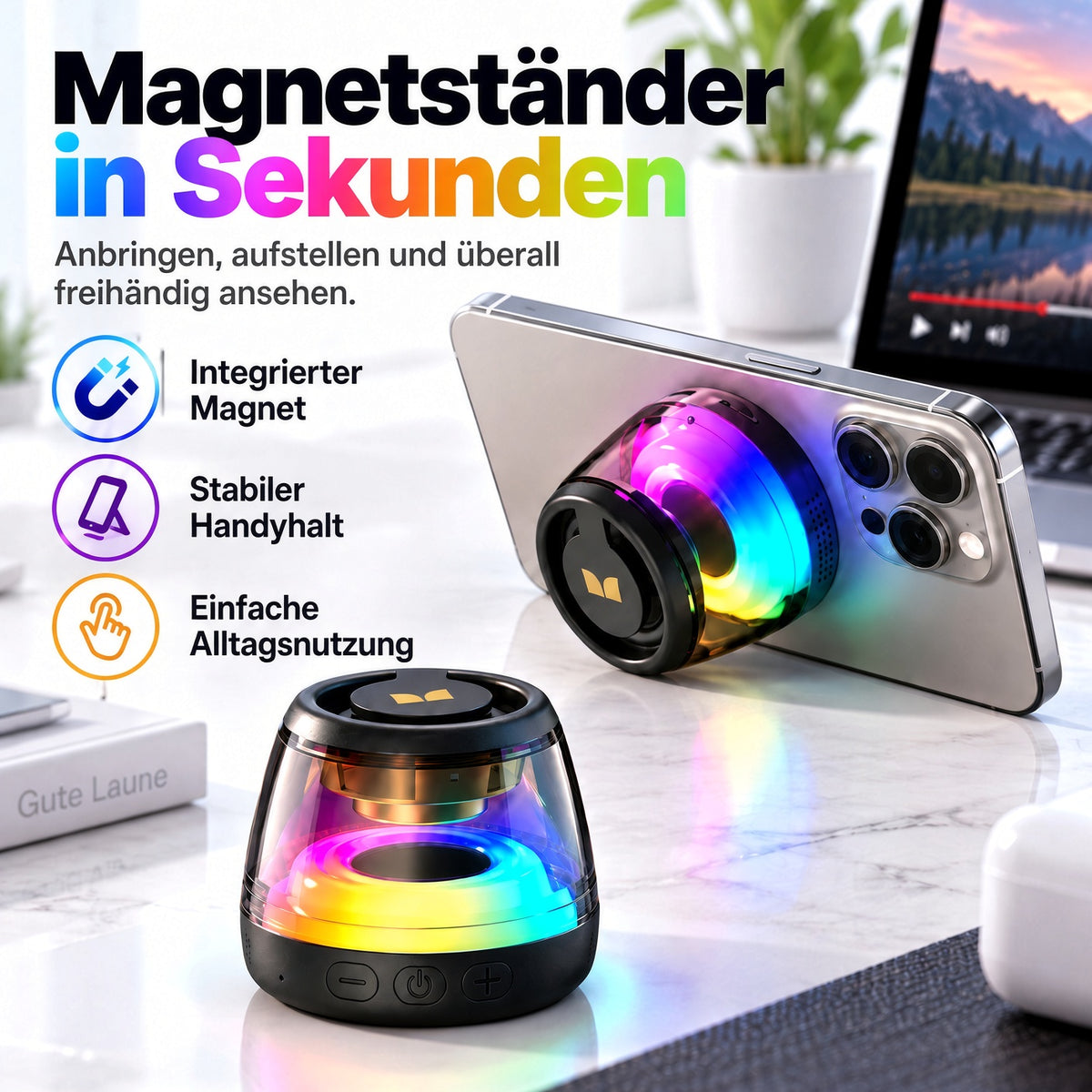 🎵 Tragbarer Bluetooth-6.0-Lautsprecher – RGB-Licht, 360°-TWS-Stereo-Sound, magnetisches Design & lange Akkulaufzeit