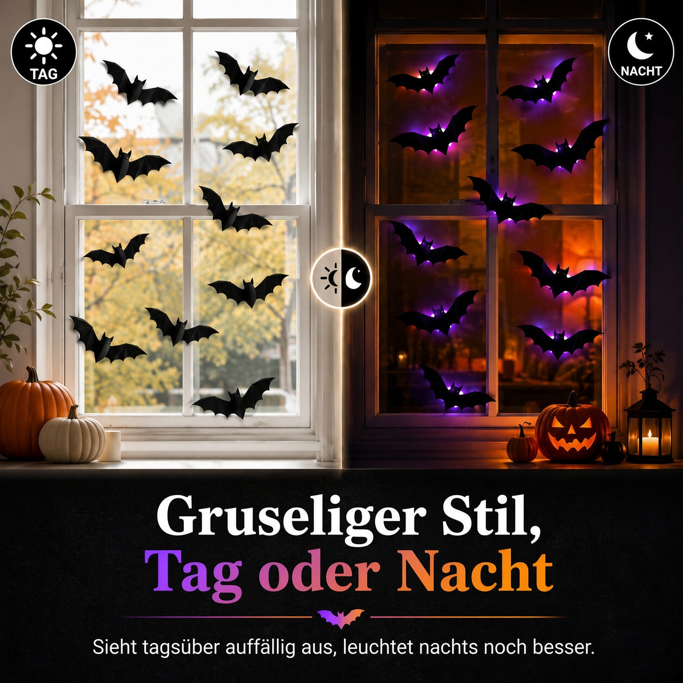 🦇 3D-LED-Halloween-Fledermäuse – leuchtende Wanddeko in Lila & Orange