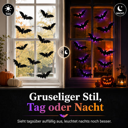 🦇 3D-LED-Halloween-Fledermäuse – leuchtende Wanddeko in Lila & Orange