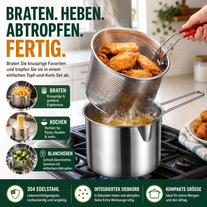 🍟 2026 Mini-Fritteuse Set – Kompakter Edelstahl-Topf mit herausnehmbarem Abtropfkorb & Zange für einfaches und sicheres Frittieren