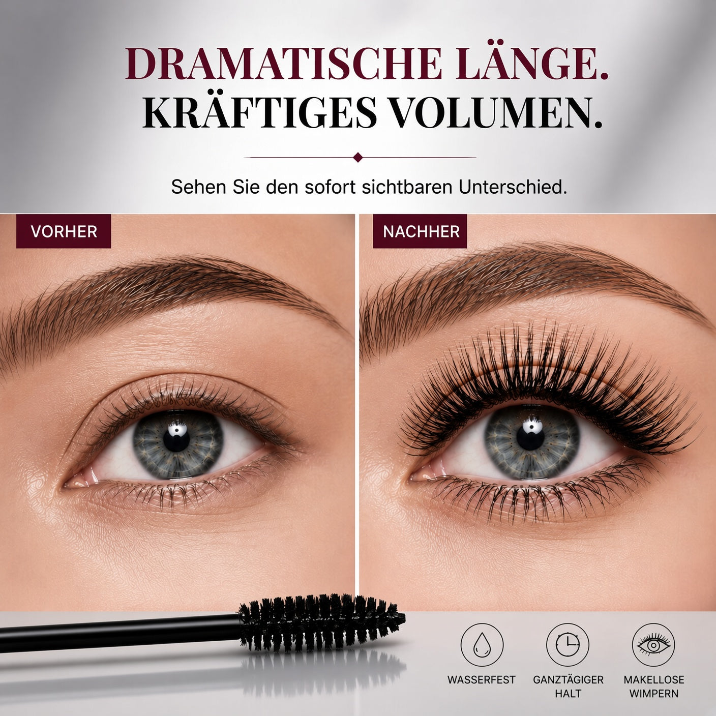 🎁 1+1 GRATIS| 💧 Wischfeste Mascara mit Curl-Effekt – Längere Wimpern ohne Panda-Effekt