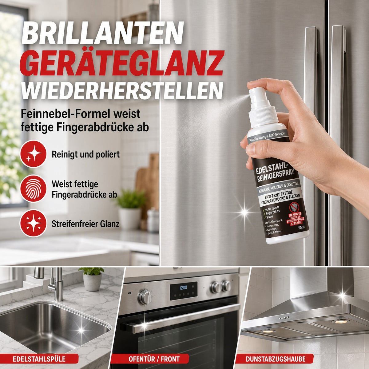 ✨ 50 % Rabatt | Edelstahl-Reinigungs- & Polierspray für Kühlschrank, Dunstabzugshaube, Backofen und weitere Küchengeräte