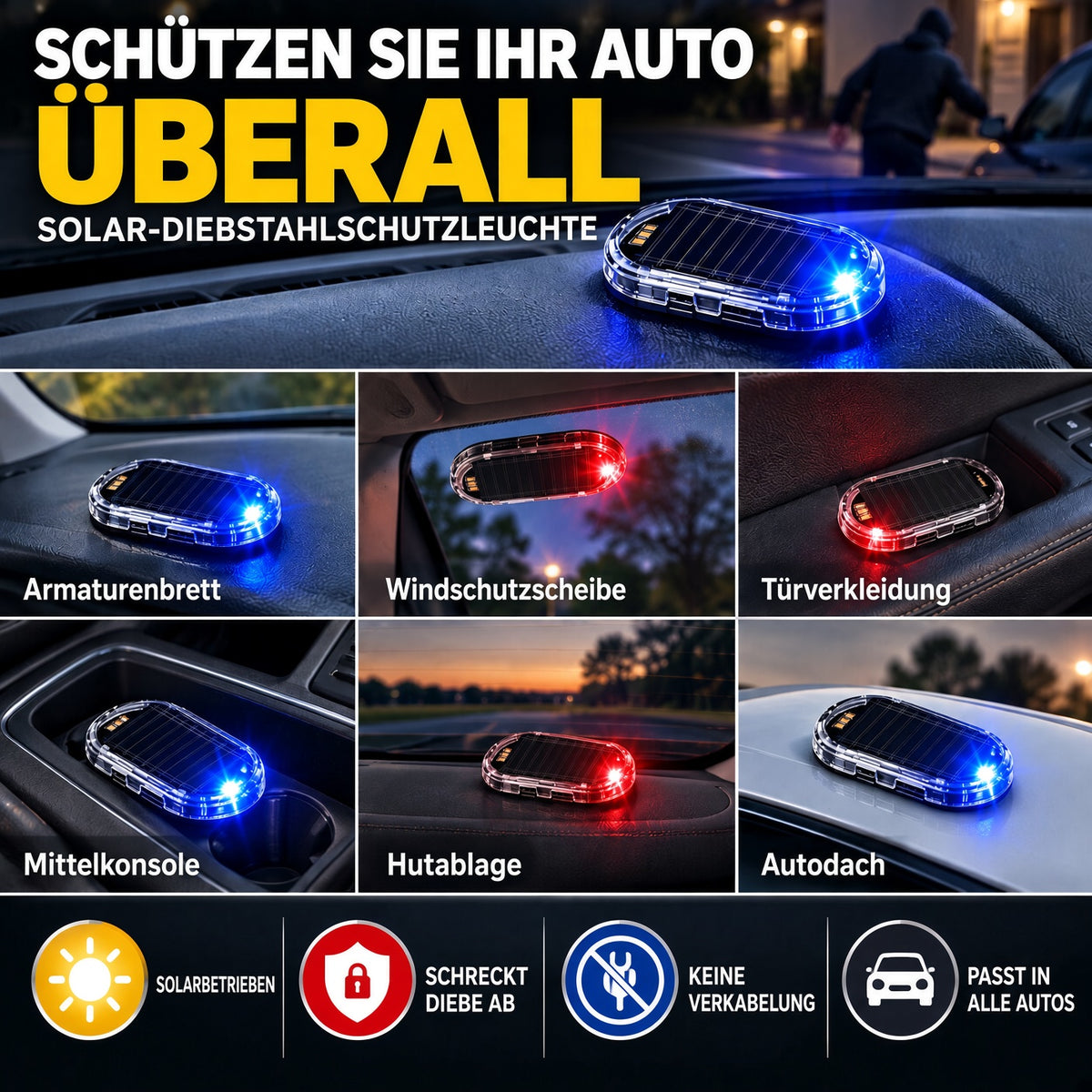 🚗 Auto-Zubehör Angebot – 2er-Pack Solar-LED-Warnleuchten ☀️ Kabellose blinkende Sicherheitsleuchten mit automatischem Lichtsensor