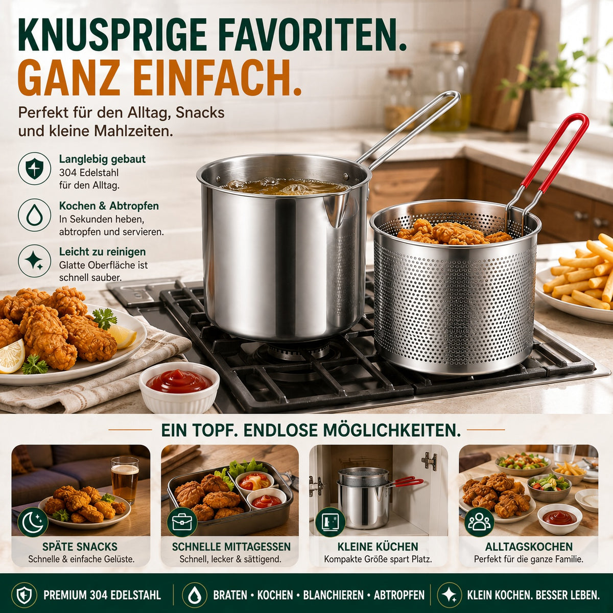 🍟 2026 Mini-Fritteuse Set – Kompakter Edelstahl-Topf mit herausnehmbarem Abtropfkorb & Zange für einfaches und sicheres Frittieren