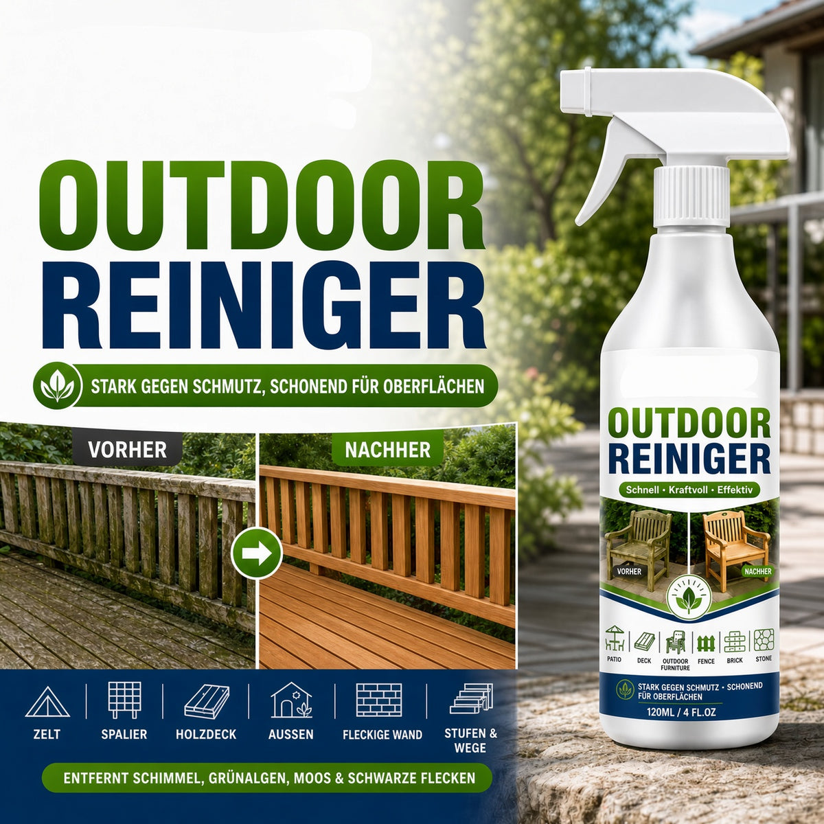 🌿 50% SPAREN | Gegen Grünbelag, Schimmel & schwarze Flecken – Kraftvoller Outdoor-Reiniger für hartnäckigen Schmutz
