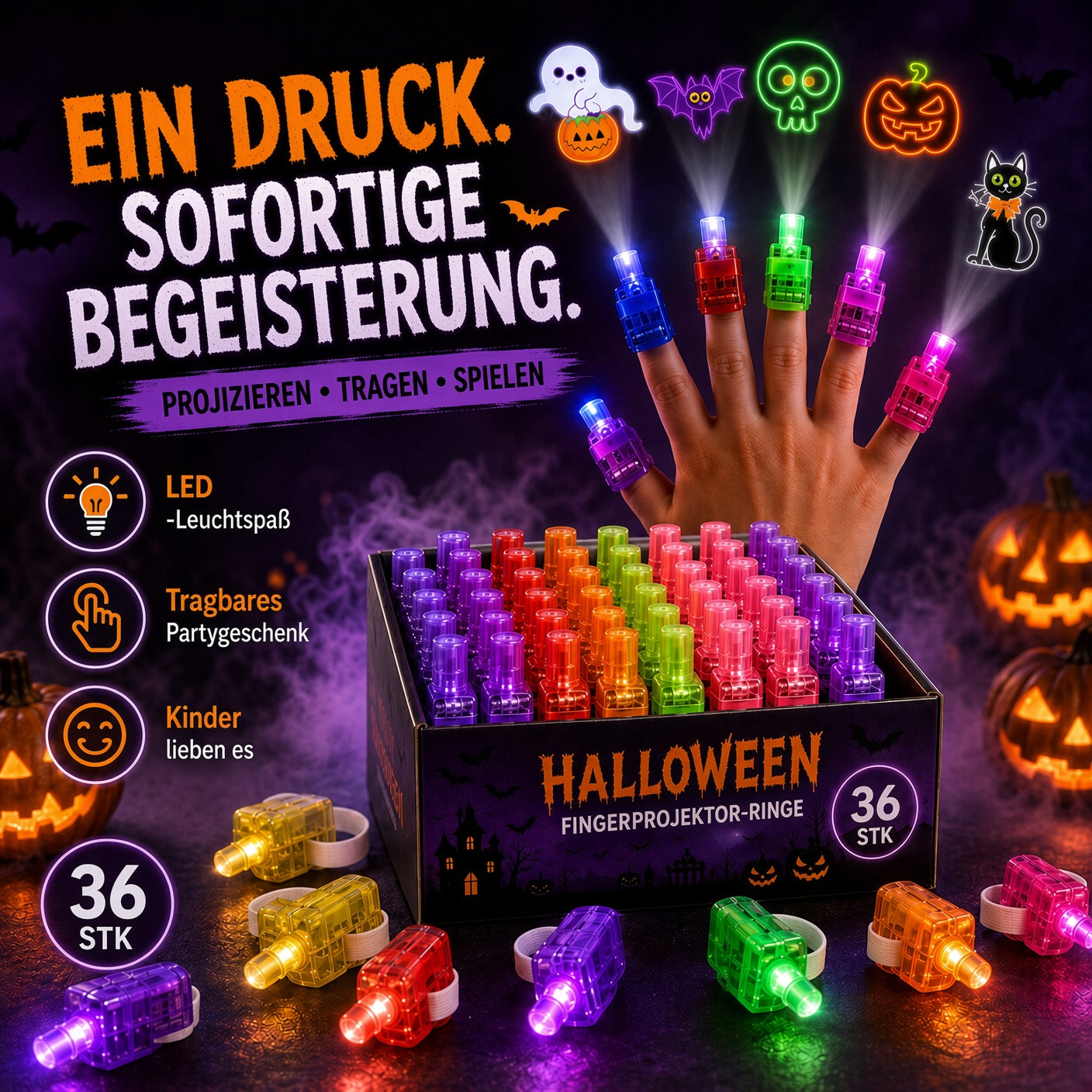 👻🎃 Halloween-Fingerprojektorringe – LED-Partymitgebsel für Kinder