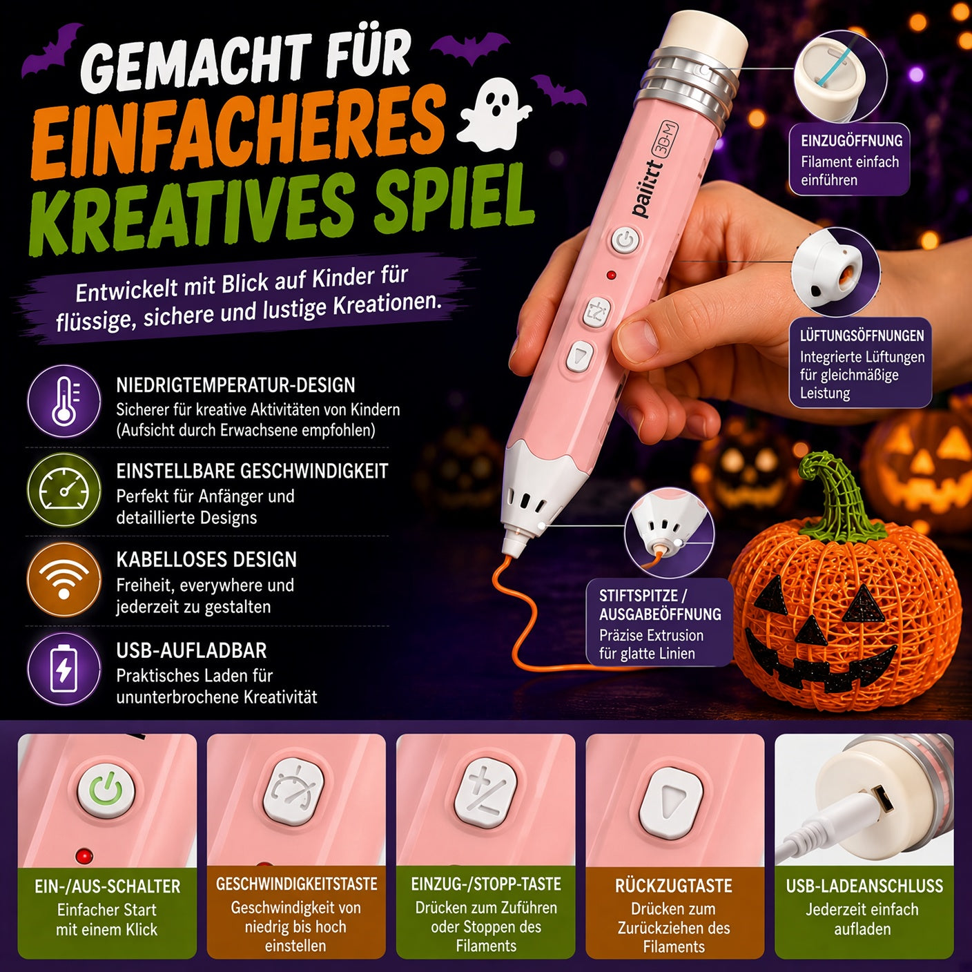 🎃 50% Rabatt – Kabelloser 3D-Zeichenstift für Kinder | Halloween-Kreativset