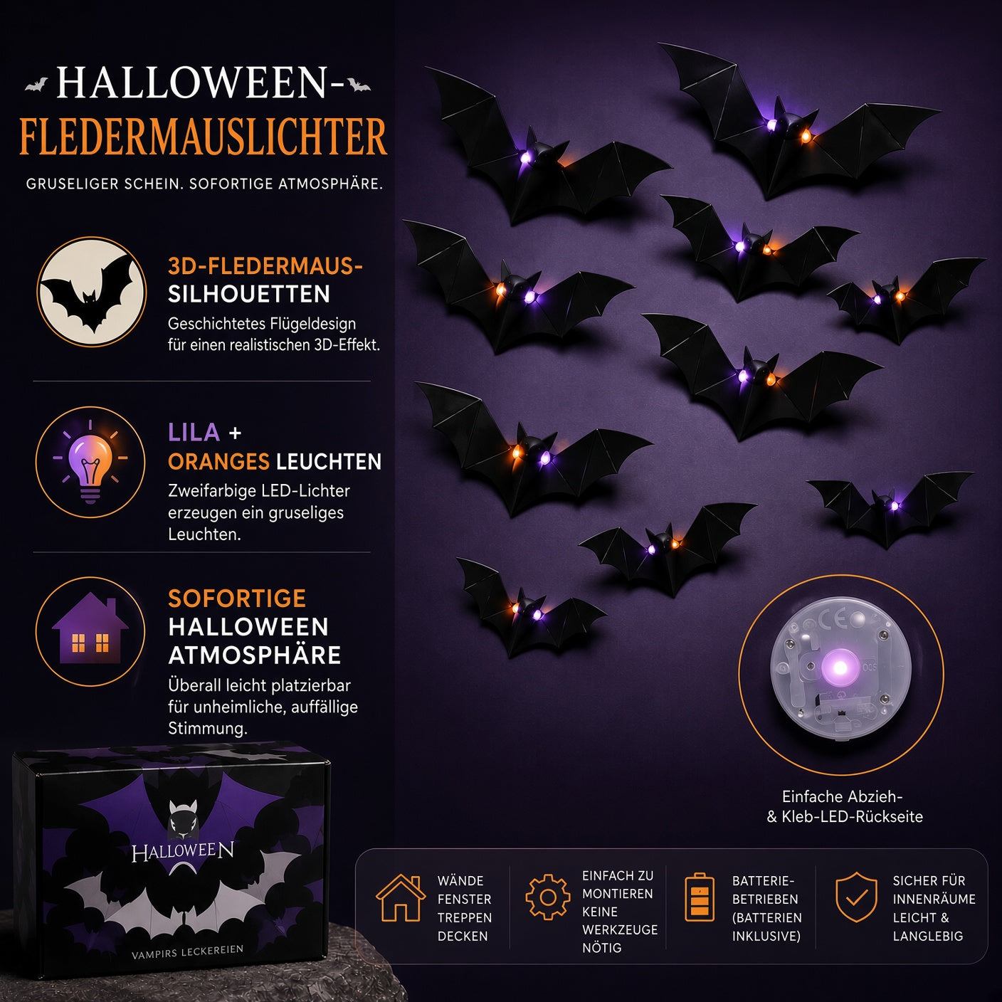 🦇 3D-LED-Halloween-Fledermäuse – leuchtende Wanddeko in Lila & Orange