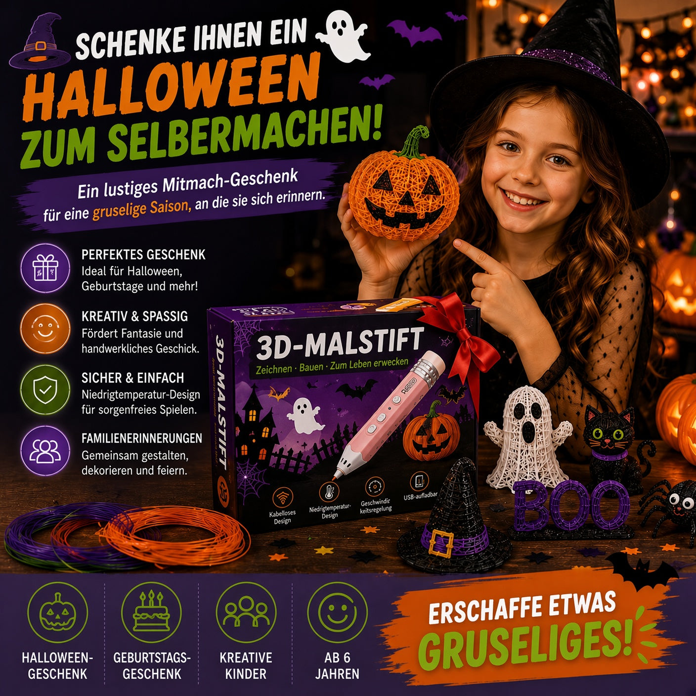 🎃 50% Rabatt – Kabelloser 3D-Zeichenstift für Kinder | Halloween-Kreativset