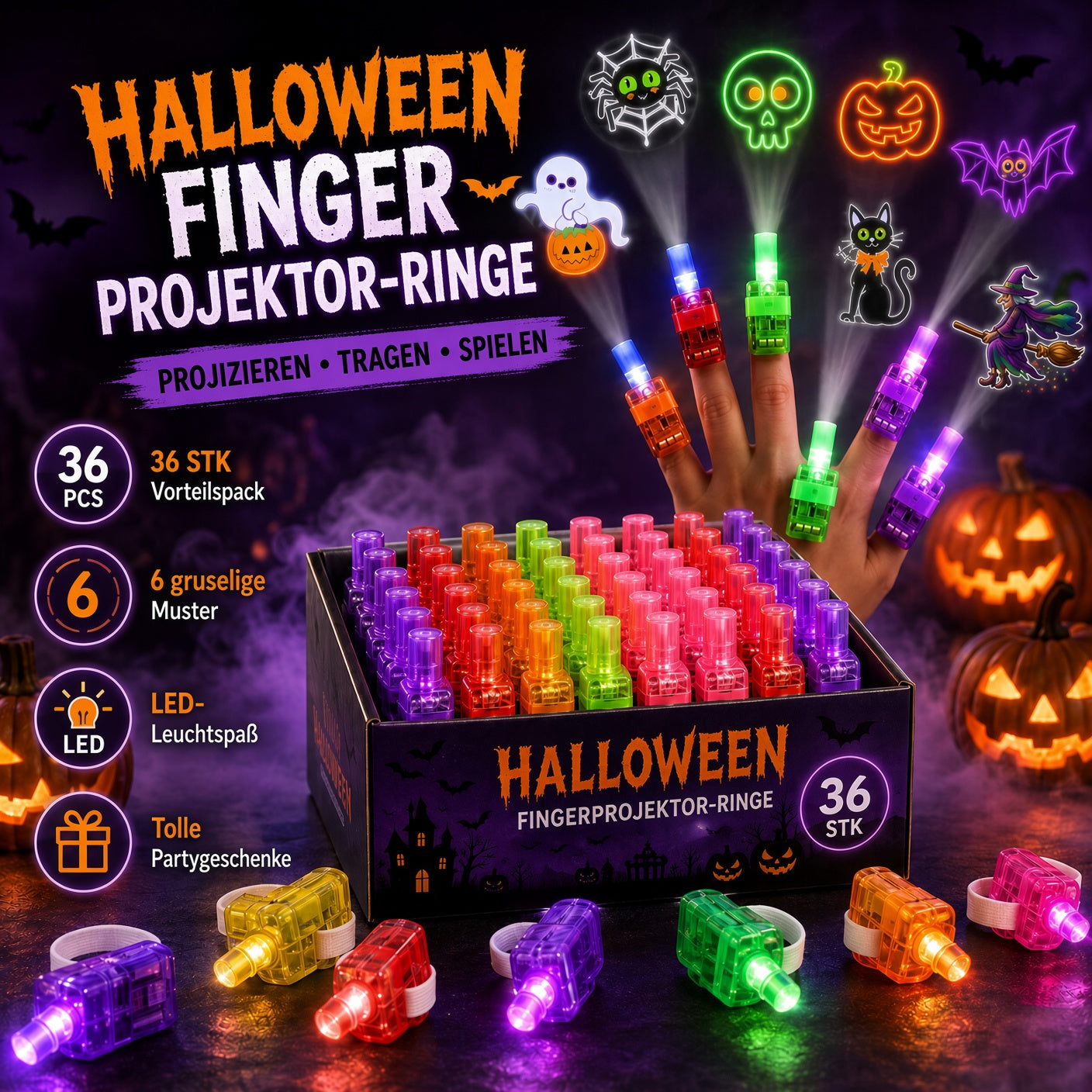 👻🎃 Halloween-Fingerprojektorringe – LED-Partymitgebsel für Kinder