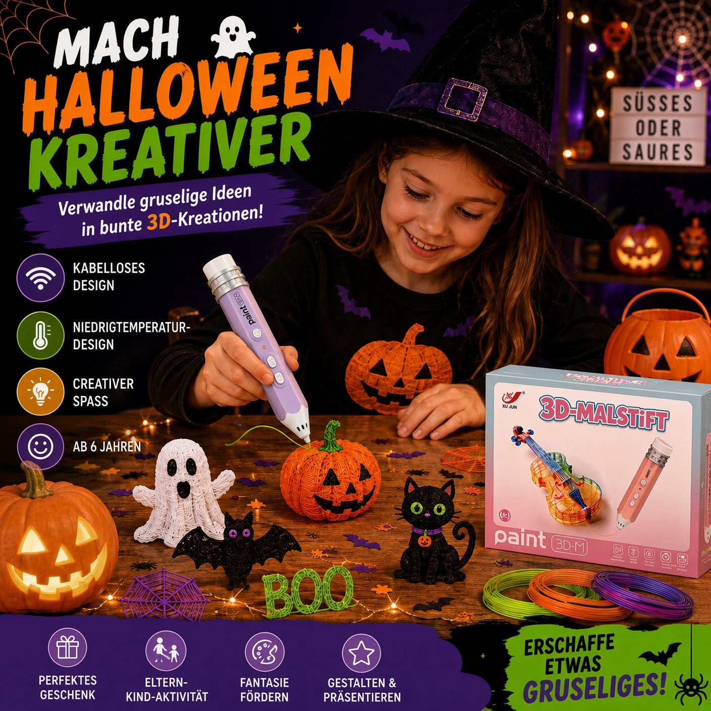🎃 50% Rabatt – Kabelloser 3D-Zeichenstift für Kinder | Halloween-Kreativset