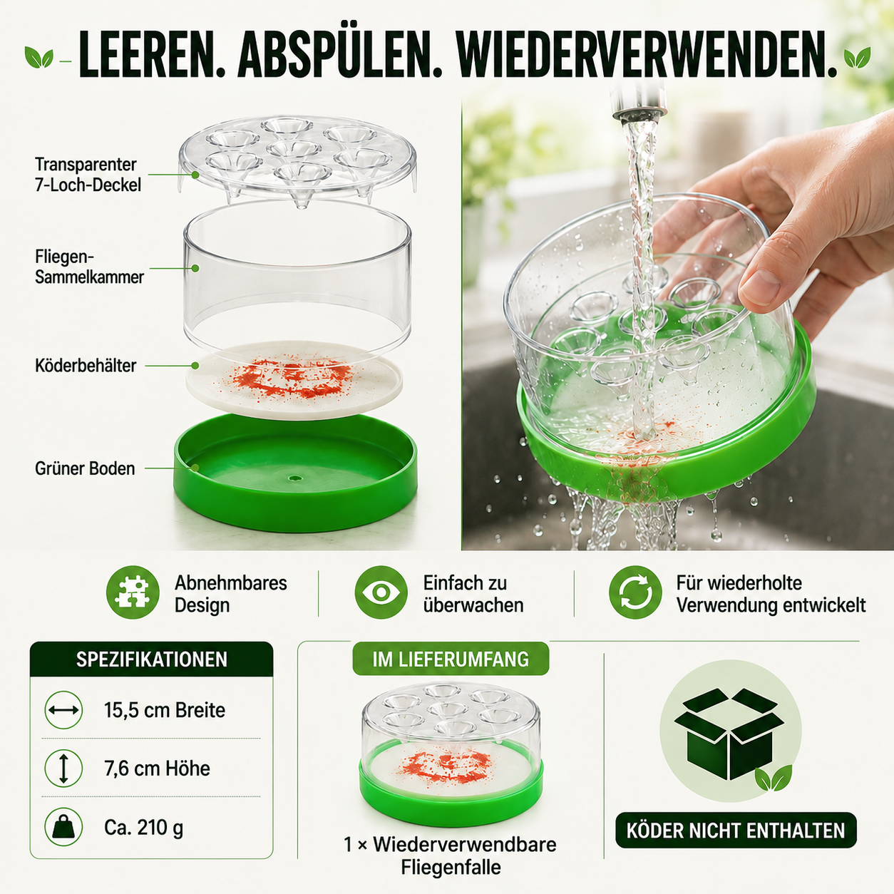 🛡️ Wiederverwendbare Fliegenfalle ohne Strom für den Innen- und Außenbereich – Sicher, kabellos & chemiefrei