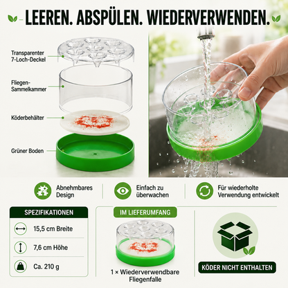 🛡️ Wiederverwendbare Fliegenfalle ohne Strom für den Innen- und Außenbereich – Sicher, kabellos & chemiefrei