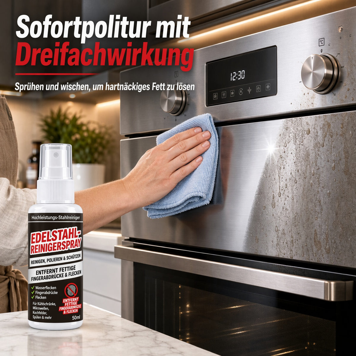 ✨ 50 % Rabatt | Edelstahl-Reinigungs- & Polierspray für Kühlschrank, Dunstabzugshaube, Backofen und weitere Küchengeräte