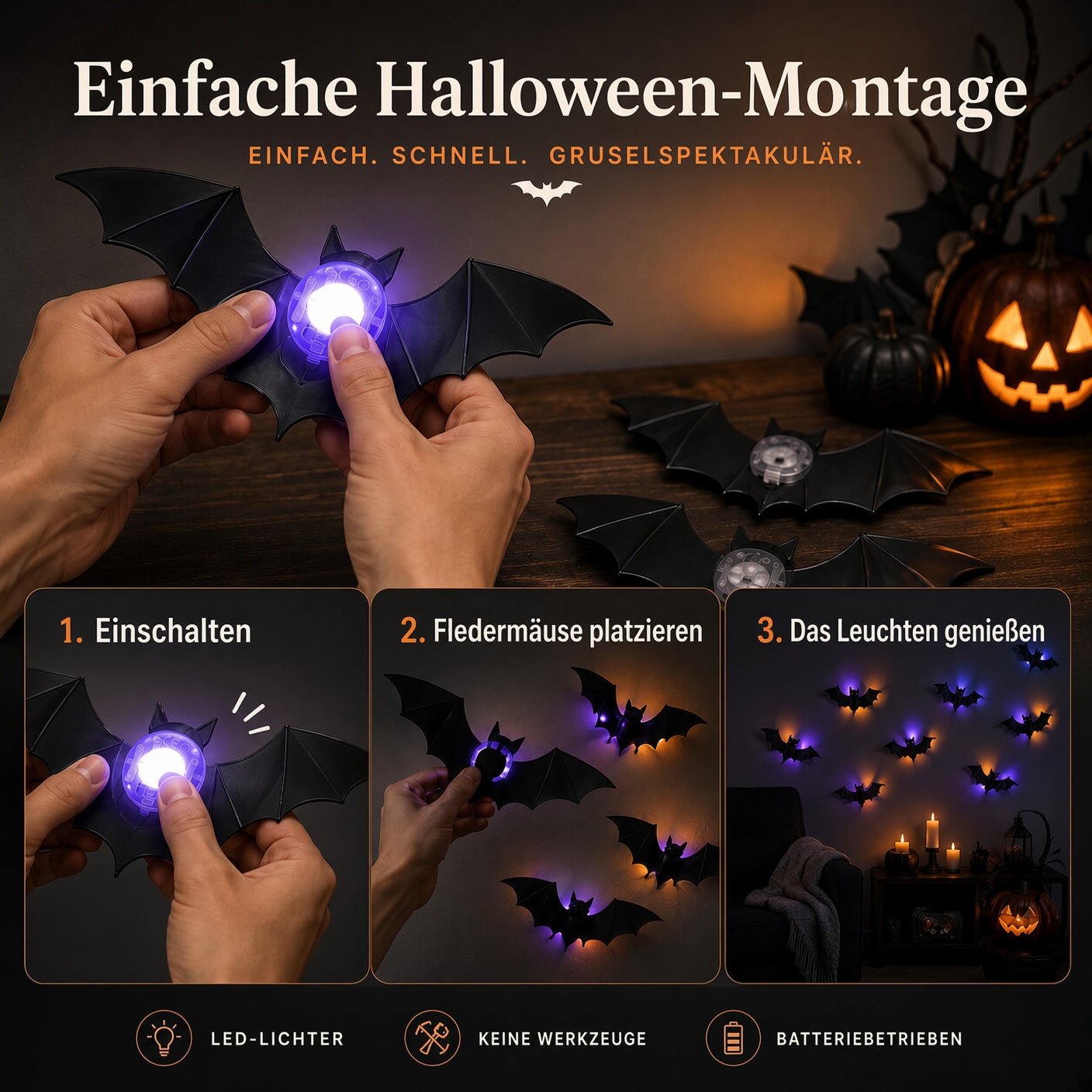 🦇 3D-LED-Halloween-Fledermäuse – leuchtende Wanddeko in Lila & Orange