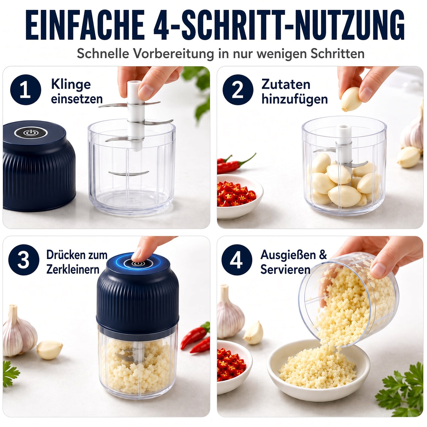 🔥 50 % RABATT! 💥6-Klingen Elektrischer Zerkleinerer｜Für Gemüse, Zwiebeln, Kräuter, Nüsse & Fleisch｜Kabellos, One-Touch & Leicht zu Reinigen