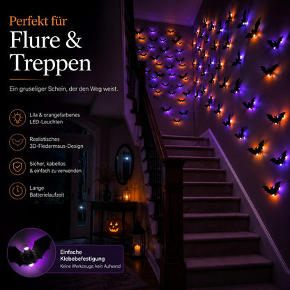 🦇 3D-LED-Halloween-Fledermäuse – leuchtende Wanddeko in Lila & Orange