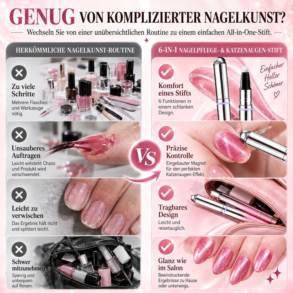 ✨ 50 % Rabatt – 6-in-1 Nagelpflege- & Cat-Eye-Stift – All-in-One Base, Builder, Farbe & Top Coat mit integriertem Magneten