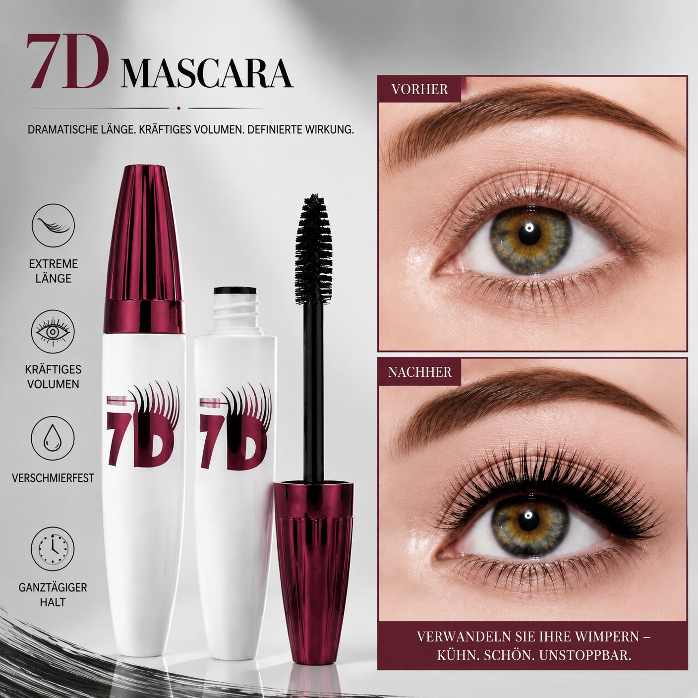 🎁 1+1 GRATIS| 💧 Wischfeste Mascara mit Curl-Effekt – Längere Wimpern ohne Panda-Effekt