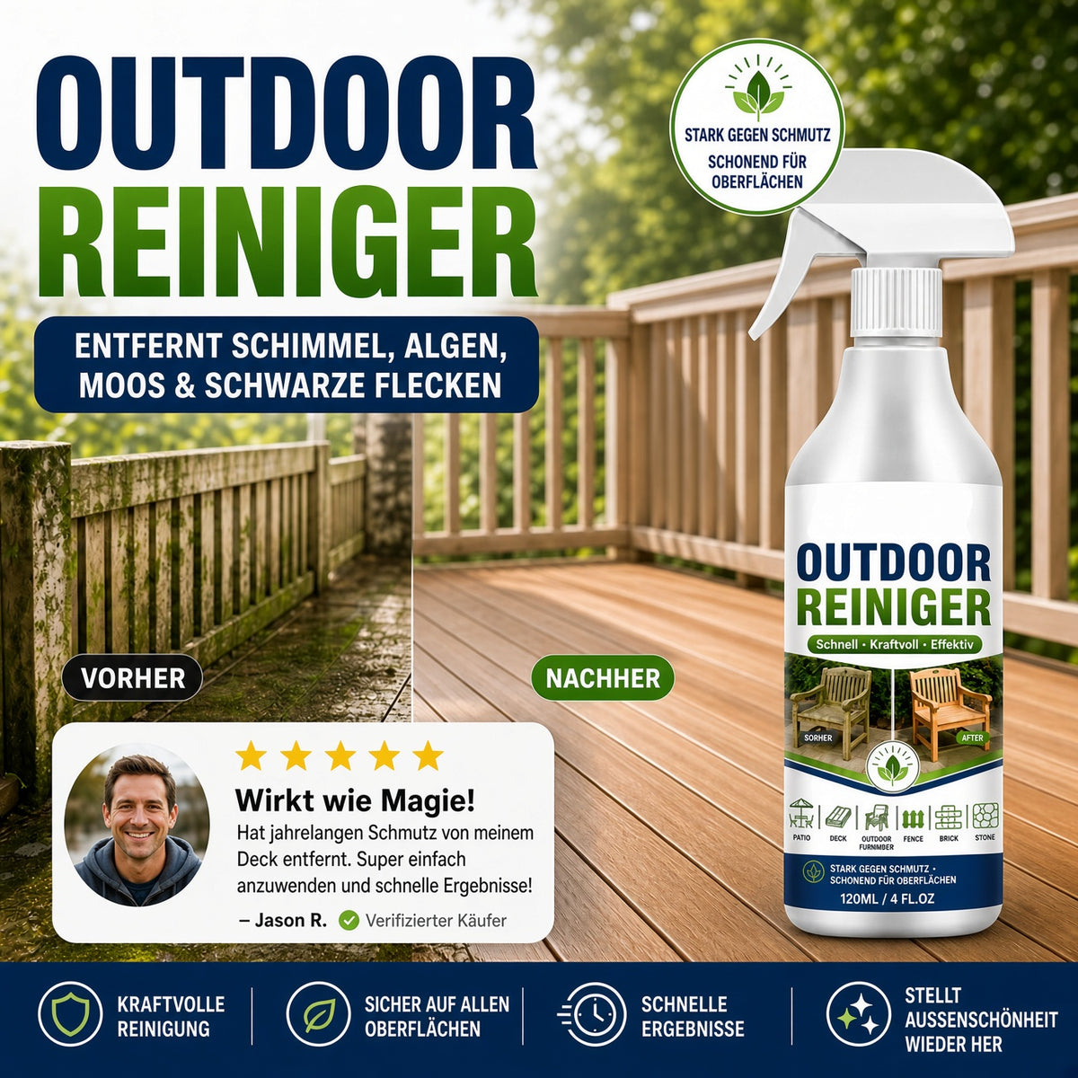 🌿 50% SPAREN | Gegen Grünbelag, Schimmel & schwarze Flecken – Kraftvoller Outdoor-Reiniger für hartnäckigen Schmutz