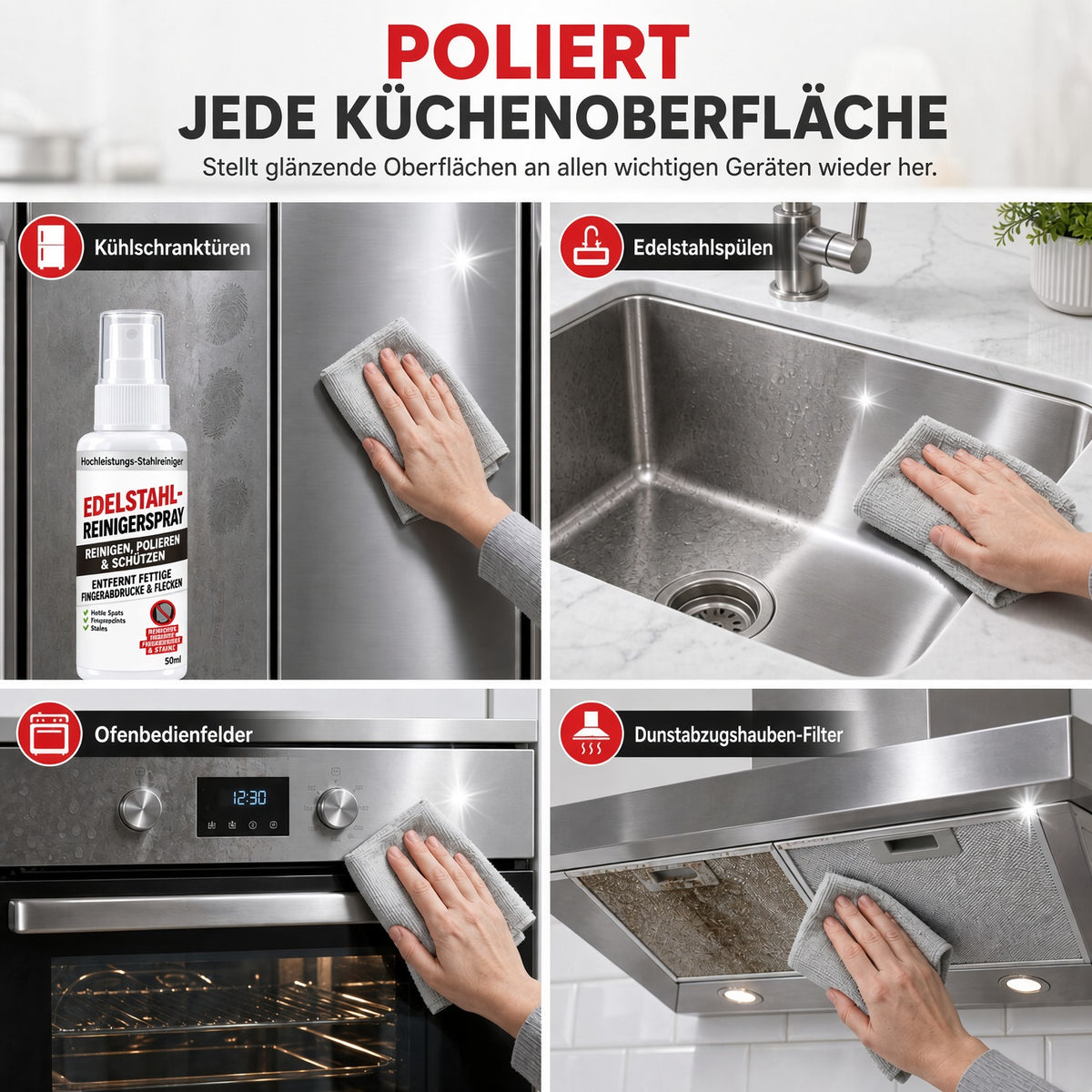 ✨ 50 % Rabatt | Edelstahl-Reinigungs- & Polierspray für Kühlschrank, Dunstabzugshaube, Backofen und weitere Küchengeräte
