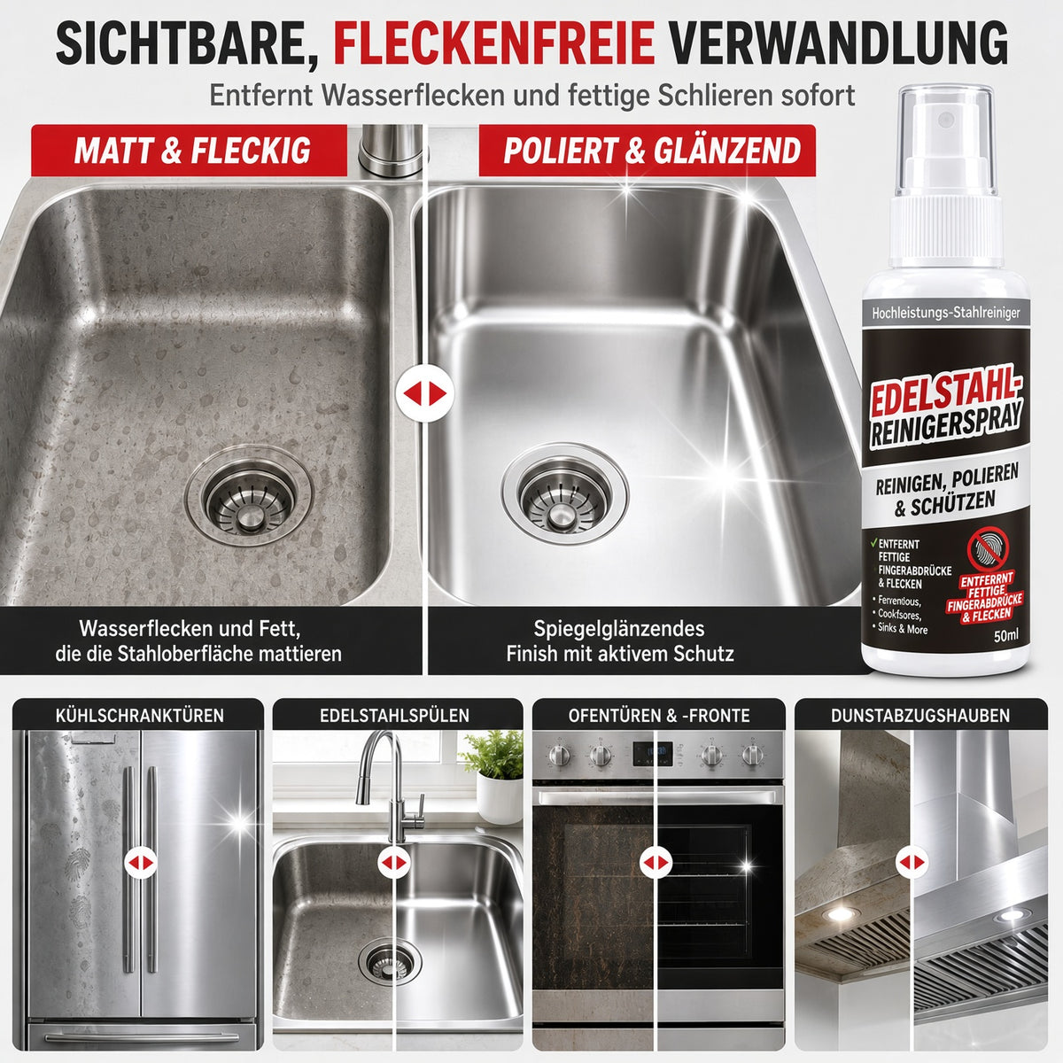 ✨ 50 % Rabatt | Edelstahl-Reinigungs- & Polierspray für Kühlschrank, Dunstabzugshaube, Backofen und weitere Küchengeräte