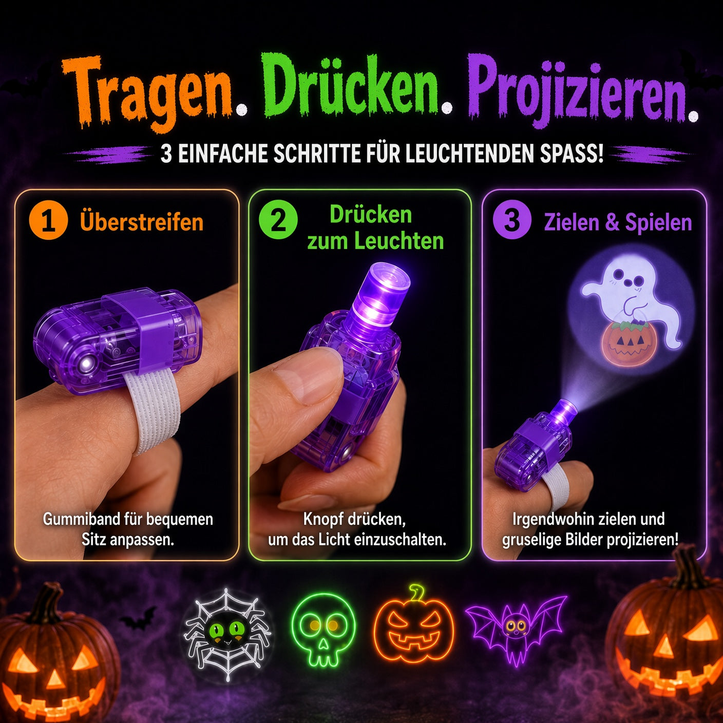 👻🎃 Halloween-Fingerprojektorringe – LED-Partymitgebsel für Kinder